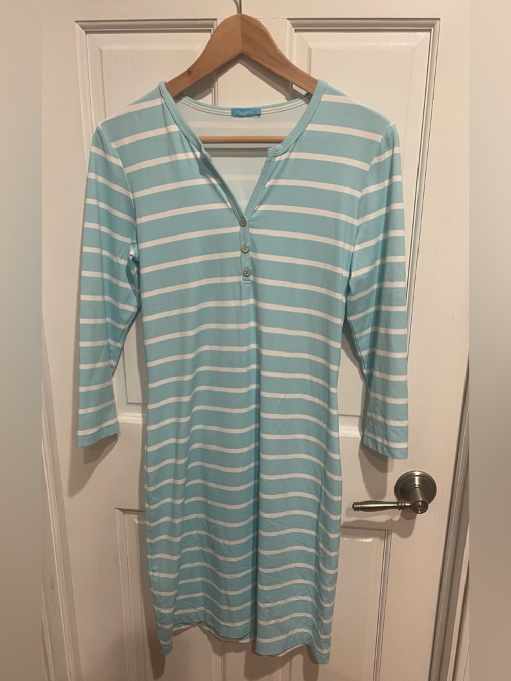 J. McLaughlin Light Blue & White Striped Henley Dress S